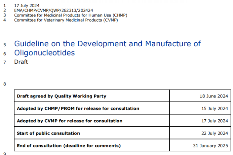 EMA发布寡核苷酸指导原则初稿